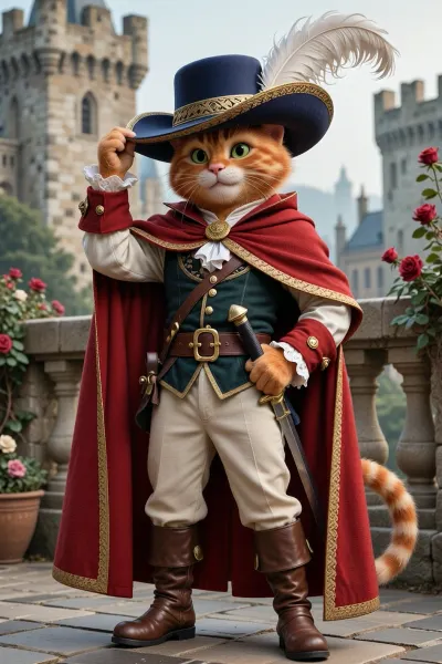 An anthropomorphic ginger tabby cat, modelled on Puss in Boots from the animated film *Shrek*, stands full-length on a pavement of grey cobblestones, looking confidently and with a slight smirk straight into the camera with his large green eyes. With his right paw, he elegantly lifts a wide-brimmed, dark blue nobleman’s hat with gold braiding around the rim and a large white ostrich feather, as if to ask, ‘Does this hat look good on me?’. He is wearing a red cloak with a gold border, a dark green waistcoat with brass buttons over a cream-coloured shirt with lace cuffs, a brown leather belt with a large gold buckle and a short sword in its scabbard on his left hip, light beige trousers and brown high-top leather boots. Soft daylight, highly detailed red wool, a backdrop of a medieval stone castle with towers and roses, a light haze, cinematic lighting, ultra-detailed, a masterpiece, top quality