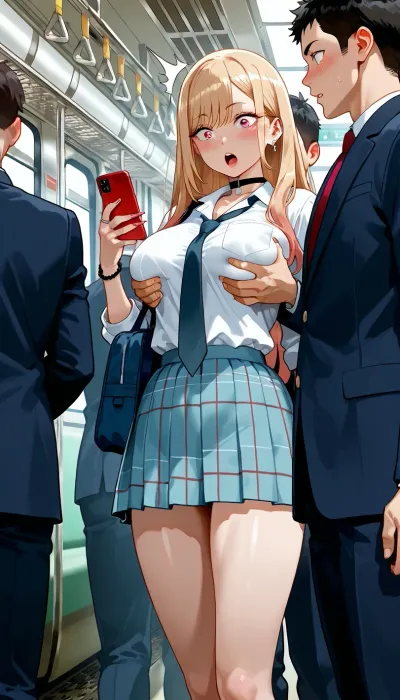 kitagawa marin, athletic, medium breasts, school uniform, pleated skirt, white blouse, train, inside train, crowded, multiple boys, suits, smartphone, grabbing from behind, surprised