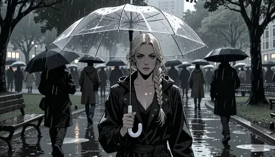 A cinematic noir graphic novel illustration of a beautiful woman walking through a public park among many people on a rainy day, holding a transparent umbrella. She has a calm, reflective expression and blonde hair in a long elegant braid draped over one shoulder. She is the obvious focal point, while other park visitors carrying dark opaque umbrellas and wearing raincoats move through the rainy background. The park contains wet trees, puddles, benches, and reflective pathways under soft gray daylight. Render the scene as a noir graphic novel panel with dramatic black-and-white contrast, deep shadows, selective muted grayscale tones, bold brush-and-ink linework, strong silhouette design, moody rain textures, and graphic storytelling. The woman should be luminous and visually striking within the otherwise darker crowd. The transparent umbrella should remain readable, with rain streaks and beads of water across it. The park should feel atmospheric, urban, wet, and melancholic, with layered crowd composition, realistic anatomy, expressive eyes, realistic hands, wet reflections, and a quietly romantic but noir-inflected mood. The result should feel like a sophisticated modern graphic novel page, not a simple sketch and not photorealistic.