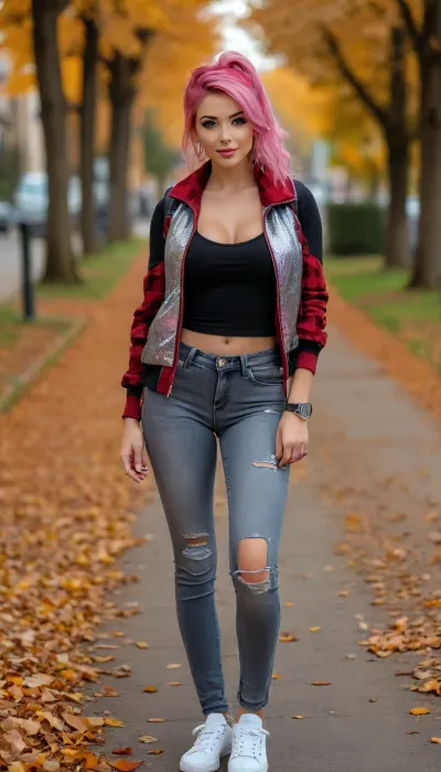 from behind, biopunk style gamer girl, 25 year old woman, (young:1.6), gradient pink hair, various nature plase, ponytail, (She’s wearing mirrored aviator sunglasses by Polaroid, a black t‑shirt with a bold graphic print, an open red autumn sleeveless vest, loose grey jeans with side pockets, and sneakers with white soles. The outfit looks trendy and relaxed. The background is a city street in autumn, with warm lighting and fallen leaves.), sexy makeup, ((detailed symmetric beautiful eyes)), detailed gorgeous face, exquisite detail, medium height, ((34b breasts, erect detailed nipples)), various clothes, navel piercing, clit piercing, cameltoe, ((shaved)), 111cine8matic55, masterpiece, 32k, (Masterpiece), lora, 1.8>, <lora:attractive_notrigger:1.7>, <lora:BUT_SDXL_SHS:.9>