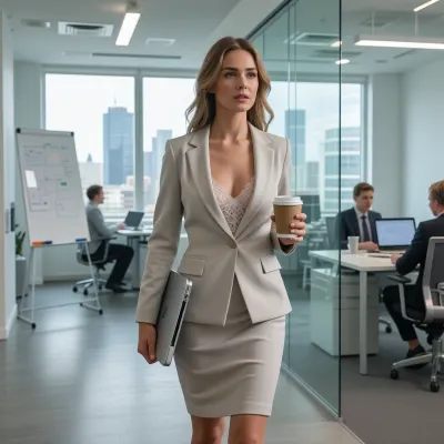 A photorealistic, cinematic scene inside a bright, sophisticated modern office with panoramic windows and an active open-plan workspace. A stylish and confident young businesswoman is the clear focal point, walking purposefully through the office during a productive workday.

She wears an elegant tailored business skirt suit with refined contemporary styling and carries a slim laptop under one arm. In her other hand she naturally holds a coffee cup. Underneath her business blazer she isn't wearing a shirt only delicate designer lace lingerie.

Her posture is upright and assured, her stride natural and professional. Her expression is focused, intelligent, and determined, looking toward where she is going rather than at the camera. She should feel like she is moving between meetings.

In the office her colleagues are working at desks, or in glass-walled meeting rooms. Professional office surroundings with, whiteboards, laptops, and subtle business activity. Large panoramic windows reveal a modern city skyline and fill the office with clean natural daylight. Use a shallow but not extreme depth of field so she remains the clear focus while the environment still tells the story.

The image should feel dynamic, polished, and editorial.

highly detailed, photorealistic, cinematic realism, realistic skin texture, realistic hands, realistic detailed eyes, natural walking pose, elegant modern office, environmental storytelling, soft natural daylight, premium editorial photography, high quality image