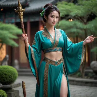 (twin dragon oracle robe), chinese woman, smirking, holding a staff, in the imperial reliquary garden, high fantasy, close up, nighttime, big ass, muscular legs, big waist, green, eyes, blue, brown, perfecteyes, <lora:PerfectEyesXL:.8>