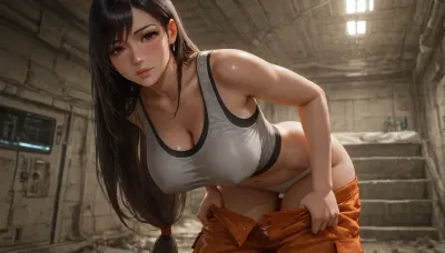 high quality, photorealistic, in messy old spaceship, electronic s-f devices, woman, tifa lockhart, dirty, sweating, (black long hair), freckles, slim, (orange cargo pants), (grey tank top), (big erect nipples), undressing, white panties, (pulling down pants), (looking at viewer), view from behind