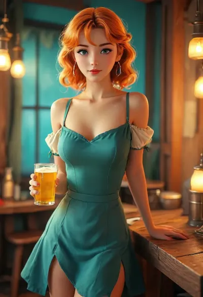 (vintage anime with smooth rendering and vibrant colors:2), low angle, 40 yo, striking mature belle, long wavy ginger hair, smile, blushing, cheerful, tavern setting, rustic atmosphere, wearing traditional fantasy barmaid outfit, off-shoulder blouse, corset, short skirt, apron, holding two overflowing beer steins, golden beer, foamy beer, warm lighting, ambient interior light, soft shadows, illustration, detailed skin texture, expressive eyes, dynamic pose, natural beauty, night, night vision, soft fokus, parallax, overexposure, long-exposure, /KlTTY-ART/, <lora:COMFYUI_mimic_landscape_-_XL_SDXL v2.0:.1>, <lora:attractive_notrigger:.1>, <lora:MJ52:.1>, <lora:flat_chested_v3.5:.1>