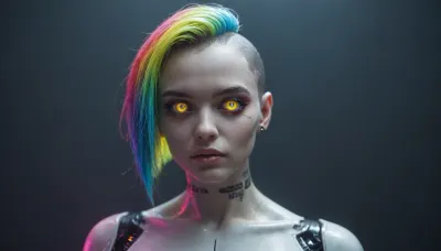 tall, athletic, buxom, (android:1.5), (iridescent robotic chalk white skin:1.2), (iridescent robotic blue body:1.2), (colorful fluorescent buzzcut hair:1.5), (iridescent chrome void eyes:1.3), cyberpunk nightclub dancefloor
