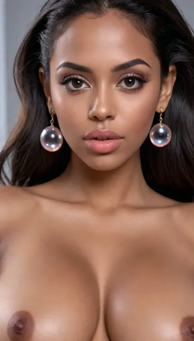 Insanely close up photo of an latin 28-year-old girl, curvy body, latina, black straight hairs, full lips, (((peach color lipstick))), butt pose, (((bubble but))), very very big eyes, make up, dark skin, (dark skin cinnamon), (nude:1.2), (naked:1.3), (((no clothes))), (((with elastic big breasts))), (((mono earrings))), (p), (pussy visible:1.3), sexy, beautiful, tanned, with a perfect face, detailed face, (detailed hair, light hairstyle:1.1), (shiny dark skin body, realistic sweat:1.1), straight hairs, black hairs, earrings, nose earrings, Looking at the camera, in a dark room, lots of details, three-dimensional, epic, clear focus, depth of field, professional lighting, full view, 8k photography, HDR, the picture was taken on Canon EOS R5, 75 mm lenst