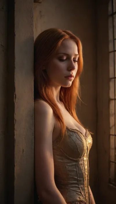 ultimate realism, male pov, sleeping beauty fairy tale, long straight redhead hair, she is trapped in a prison tower, leaning against a wall, 100DD tits, intricate detail, cinematic masterpiece, golden light