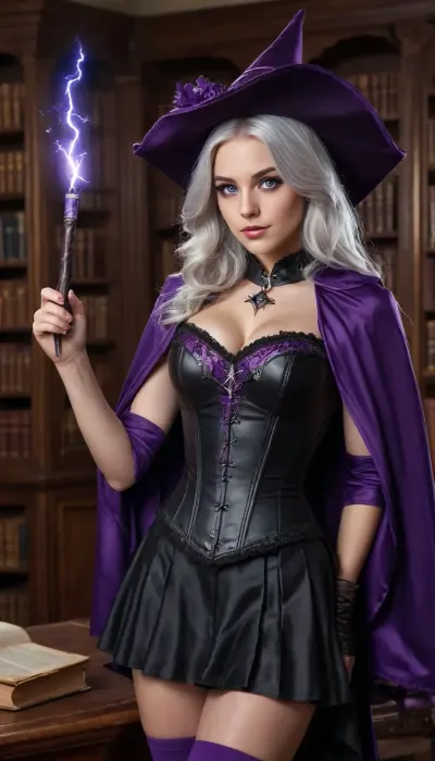 Wizardschool, Young beautiful enchantress in magical sorcery classroom background, long silver hair, purple silk wizard hat, purple school uniform, purple silk blouse, short black skirt, purple silk cloak, performing magic with wand in hand, showing modest cleavage, black silk head cape, Craft an image of a woman with luminescent purple eyes and black long wavy hair, clide in leather style black corset, magic spell levitating lightning bolt, silk purple stockings with support, steampunk, rich in detail and frills, black obsidian star necklace, The setting is ethereal, with a library backdrop fantasy that accentuates the ornate outfit. Ensure ultra-high-detail, photorealism, crystal clear 32k resolution for a true masterpiece. ✨⚡️, mad-drds, zzmagicbook, <lora:Creat0r_MagicDetailzV2_FIX:.5>, <lora:FantasyIconsBooksXL:.5>, <lora:Portrait_perfection:.8>, bright, blue, eyes, <lora:bright_blue_eyes:.8>