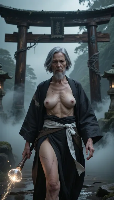 A full-body view at a distance of 6 meters, from head to toe. A cinematic sci-fi fantasy artwork, (an aged nude pilot woman, 70 years old, her skin is that of a 70-year-old woman. The old lady has grey, Small, long, and very saggy breasts, old, wrinkled, and sagging skin, typical of her age of 70, with stretch marks, ((very detailed skin)), . Hair cut in a bob.
cinematic medium shot, an elderly Zen master with a gray beard, wearing a traditional dark robe with a white sash, walking forward with a serious expression, a glowing magical light orb or ethereal staff in his hand, a majestic ancient dark wood Japanese torii gate in the background, misty and atmospheric environment, moody lighting, smoke and fog swirling around, ethereal atmosphere, highly detailed textures, photorealistic, 8k resolution, epic fantasy style, dramatic shadows, muted color palette, masterpiece.)
