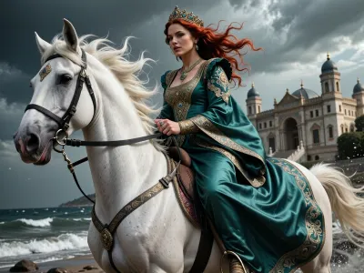 A cinematic wide shot from a low angle, in which Roxelana, (Hürrem Sultan), is seen in a dramatic pose, galloping at full speed on a majestic white Arabian steed along a stormy seashore. She wears an exquisite 16th-century Ottoman silk caftan in an emerald green colour and a flowing crown. The wind blows her bright auburn hair about. Award-winning anatomical accuracy. In the background, a majestic 16th-century palace, dramatic lighting, ultra-high detail, a photographic masterpiece, photorealism