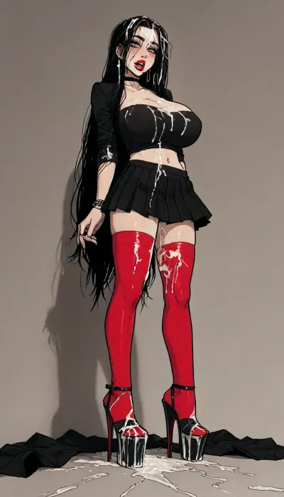 ((Melkor mancin mix markgavatino)), (incase style:1.2), white background, masterpiece, solo, ((cum covered hair:1.5)), (cum on platform heels:1.7), bimbo body, sexy open mouth, perfect hourglass, huge breasts, long legs, goth makeup, bright red lipstick, ((very long black hair)), black tube top, black pleated skirt, (red stockings with garters), (black high heels with platform:1.6), ratatatat74, <lora:LCMTurboMix_Euler_A_fix:.6>, <lora:ratatatat74-000050:1.4>, <lora:Tsune_XL:1.6>, <lora:mk_Bp Anime_xl:1.8>, <lora:EnvyBeautyXL02:1.5>