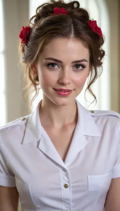 beautiful sexy slender young lady, hot sweaty pale white skin, kind soft, flirty eyes, flirty smirk smile, rough tangled rose hair, temporal uniform