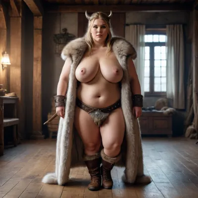 Big beautiful woman with big tits. Wearing fur clothes looking like a viking. Front view, on all 4. Cleaning the floor