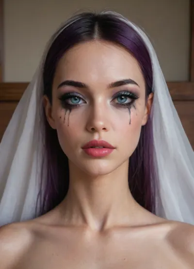 (the brutal Japanese woman:1.7), long straight purple hair, full nude, delicate youthful facial features, large expressive blue eyes, fair smooth skin, natural well-groomed eyebrows, subtle eyelashes, perfectly applied makeup, (flawless professional makeup:1.8), elegant makeup, polished beauty look, luminous complexion, smooth even skin tone, subtle contouring, soft blush, refined eyeshadow, precise eyeliner, defined long eyelashes, big fillers rainbow lips, big glossy lips, harmonious facial makeup, gentle neutral expression, looking directly at viewer, leaning very far forward toward the viewer, face extremely close to the viewer, head dominating the foreground, extreme close-up perspective, face filling most of the frame, strong foreground presence, eyes and facial features prominently visible, relaxed posture, blue big niples, Bells are tied to very large teats, bedroom interior, bed with white bedsheets, wooden bed frame, large window behind her, warm natural daylight, soft sunlight through curtains, cozy elegant bedroom, wooden nightstand, framed wall art, A large, worn‑out pink anus from which a lot of thick semen is oozing., soft background blur, highly detailed youthful adult face, detailed individual hair strands, natural skin texture, realistic fabric texture, cinematic composition, high detail, masterpiece, best quality, (Ultra skinny:2), closeup, luisap, eyes, <lora:LPEYES_lora:.8>, <lora:Lip_Gloss_sexy_lips_by_DarkEffect:2>