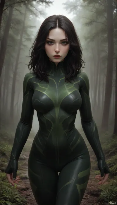 (Beautiful), Digital art style, masterpiece, best quality, high resolution, score_9, score_8_up, score_7_up, score_6_up, 4K ultra-detailed image, HDR, enhancement, professional photography, precise anatomy, (perfect symmetry, 5 fingers per hand), maximum resolution, sharp focus, NSFW, (Marvel' Hela:1.4), (front view:1.4), tight black and green skin suit, (long flowing black hair), green swords, green guys, athletic body, big breasts, posing, in Valhalla, Background is Nordic Valhalla, moody, forest, pale, skin, goth, person, incase, style, <lora:Hela-Marvel:1.4>, <lora:Moody_Forest_3:1.4>, <lora:Pale_Skin_SDXL_v1.0:1.4>, <lora:Goth_SDXL_V1:1.4>, <lora:Incase_Style__SDXL:1.4>
