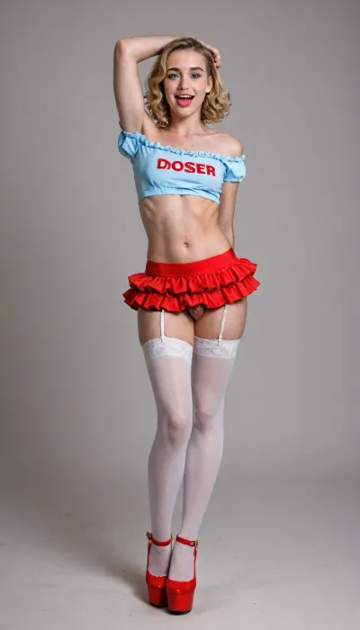 a cross-dressing man—smooth-skinned, (((real man))), (((male crossdresser))), and clean-shaven—wearing blonde hair, feminine makeup, ahegao expression.He appears full-body in the image. Crazy smile, very happy face, tonge out, He is facing forward. flat, he wears Blue strapless crop top with red off-shoulder ruffles and red bow detail at the center, yellow ruffled tulle mini skirt, yellow garter belt with straps, white thighhigh stockings with red bows at the top and garter straps, red high-heeled platform shoes, holding a red apple in one hand, white blouse sleeve with blue ruffles on one shoulder, red bow in black wavy hair, white background, photorealistic, full body pose with one leg slightly lifted