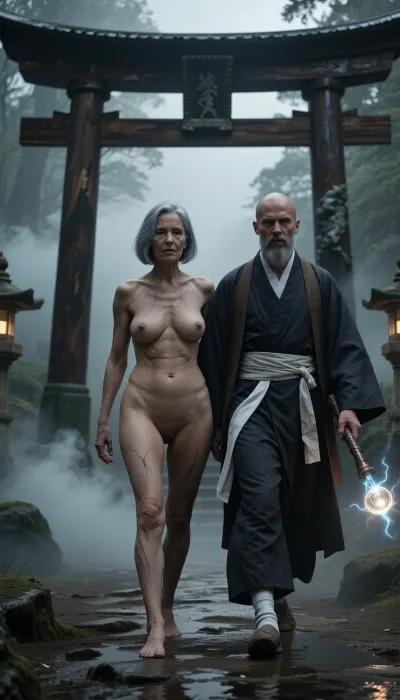 Full-body view from a distance of 6 meters, head to toe. A cinematic sci-fi fantasy artwork, (an aged nude pilot woman, 70 years old, her skin is that of a 70-year-old woman. The old lady has grey, Small, long, and very saggy breasts, old, wrinkled, and sagging skin, typical of her age, (70), with stretch marks, ((very detailed skin)), . Hair cut in a bob. She makes love with a young man of 30 years old
cinematic medium shot, an elderly Zen master with a gray beard, wearing a traditional dark robe with a white sash, walking forward with a serious expression, a glowing magical light orb or ethereal staff in his hand, a majestic ancient dark wood Japanese torii gate in the background, misty and atmospheric environment, moody lighting, smoke and fog swirling around, ethereal atmosphere, highly detailed textures, photorealistic, 8k resolution, epic fantasy style, dramatic shadows, muted color palette, masterpiece.)