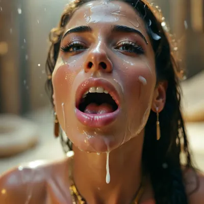 30 year old female ancient egyptian queen, covered in thick white realistic cum, sexy expression, orgasm, (orgasm face:1.3), ((Mouth wide open)), tongue stik wide out, eyes half closedwoman, ((cum on face:1.3)), <lora:MJ52:.6>, <lora:BUT_SDXL_SHS:1.3>, <lora:add-detail-xl:.8>, <lora:CinematicStyle_v1:1.3>, <lora:JustCum:1.7>