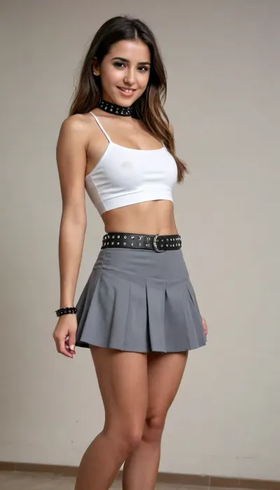 full body view of a happy funny lovely sporty spanish college cutie, studded belt, choker, pleaded skirt, bare midriff, confident showing her sexy butt