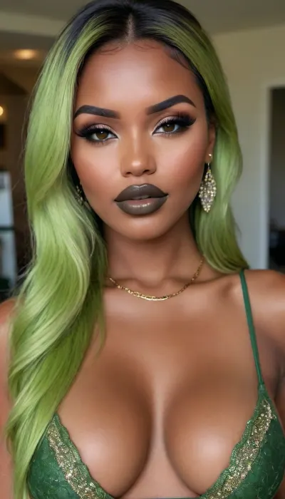 Insanely detailed photo of an 28 years old latin woman, dark skin woman, ((curvy body)), Close-up girl, ((round face)), (((brown skin))), (((full lips))), (((green olive lipstick))), small cute nose, standing, face, (((round medium breasts))), (((straight hair))), (((green olive hair))), (((oiled skin))), (detailed black eyes), (((slut makeup))), round earrings, green necklace, long big thick, (high resolution image), (perfect face), sexy, beauty, (ultra realistic:1.7), (maximum quality:1.5), (high resolution:1.7), (extreme detail:1.5), (ultra realism:1.6), 8k, he, photo was taken by Canon Eos, (maximum detailed skin:1.6), (((I was offended))), melanin, <lora:BUT_SDXL_SHS:.8>, <lora:melanin-XL:2>