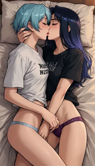 (Melkor mancin meets gavatino style), reiq style, Cel-shaded, inked lineartalone, 2 girls, in bed, (nighttime), blue cinematic cold light, (first girl holding other's neck), (second girl's hands on other's body), light shade colored hair, lesbian sex, kissing, (oversized t-shirts, panties), perfect body, skinny, medium breasts, adult, accurate hands, perfect arms, all fingers, accurate legs, <lora:checkpoint-e18_s306:1.5>, <lora:Her_Eyes:1.3>, <lora:mk_Bp Anime_xl:1.4>, <lora:lineartSDXL:2>, <lora:EnvyBeautyXL01:2>