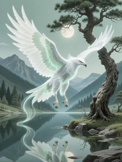 a serene Ukiyo-e inspired masterpiece of the Spirit of the Hawk, manifested not as a beast, but as a translucent, ethereal essence woven from pale silver energy that looms over a still, mirrored alpine lake. The entity possesses the sharp, regal profile of a hawk, with wings that span the entire frame, their feathers transitioning from opaque white into a luminous, flowing pale moss gradient that blends seamlessly into the environment. The setting is defined by a single, twisted ancient pine tree, bathed in the pale luminescence of a hidden moon. The color palette is strictly disciplined, centering on muted forest greens and stark whites, avoiding any saturation or chaos to maintain a sense of meditative peace. The camera is positioned at a low, reverent angle, capturing the weightless floating of the spirit as it hovers over a sleeping valley, creating a worldclass-masterpiece of spiritual longing., (watercolor), high resolution, intricate details, 4k, wallpaper, concept art, watercolor on textured paper.