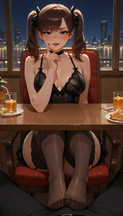 Pov, d.va from overwatch, solo, fit perfect body, (slim:1.3), medium breasts, naked, black lace dress, black lace stockings, black hair, pigtails, (black gothic makeup), black eyeshadow, (naughty face), (sexy:1.5), couple dinner, sitting at the chair facing the viewer, (footjob under the table), (her legs under the table), through the mans black pants, (restaurant), (night time), 4ng3l, face, green, eyes, blue, brown, perfecteyes, <lora:SDXL_BetterFaces-LoRA_v1:.8>, <lora:add-detail-xl:.8>, <lora:PerfectEyesXL:.8>