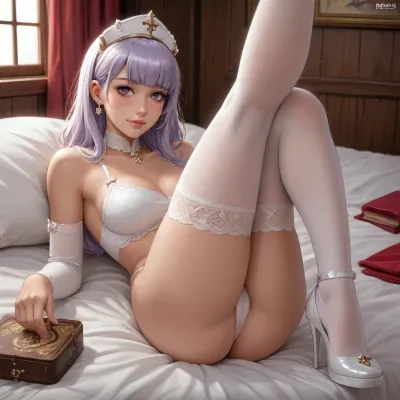 noelle genshin impact from genshin impact dross style reiq meets photo, full size, Very beautiful young woman, 30 years old, white thong panties, white fishnet stockings, white high heel shoes, perfect anatomy, sexy pose, beautiful breasts, lying on bed, hand in her panties, high detail skin, high detail face, slight smile, diffused warm lighting, soft focus, depth of field, high detail, taken with Canon EOS R camera, perfect without deformation, 35 mm