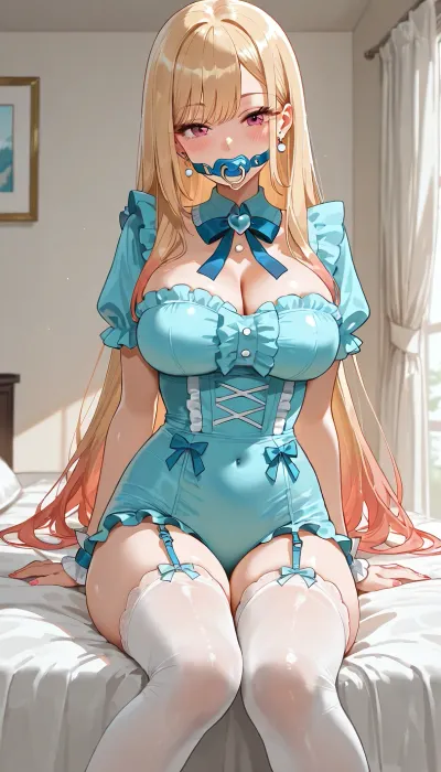 (masterpiece, best quality), marin_kitagawa from my_dress-up_darling, Pacifier Gag, A blue pacifier gag adorned with small decorative charms, secured with satin straps.
Description, Enhances a playful and visually soft aesthetic, making it ideal for light power-exchange scenarios.
Clothing, A pastel romper with frilly edges, paired with knee-high socks featuring ribbon accents.