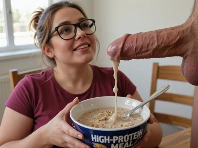 A 35-year-old woman with light brown hair—featuring reddish highlights and styled in a messy updo—wears large glasses, she is cute, attractive, charismatic, obese, and very full-figured, dressed in a dark pink T-shirt. She smiles warmly while looking up at the ceiling, holding a cereal bowl labeled "HIGH-PROTEIN MEAL." The scene is an eye-level close-up captured in a naturally lit interior—likely a kitchen or dining room—with soft light streaming through a window. She sits at a wooden table, delicately holding the bowl filled with a thick, creamy liquid and oats, while a large, realistic penis enters the frame from the right, ejaculating a thick, creamy fluid into the cereal bowl. The focus is sharp on the bowl and the stream of fluid, leaving the woman slightly blurred in the background to create a shallow depth of field. The lighting is soft and even, highlighting natural skin tones and the glossy texture of the fluid. The background is uncluttered, showing only a simple wooden chair and a white wall, keeping the focus on the central action. The overall style is hyper-realistic, featuring a high level of detail and a tone that is slightly humorous and surreal, arising from the contrast between the mundane setting and the explicit content.
