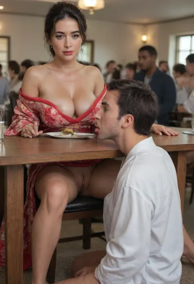 (Japanese woman, milf, Anna, 30 years old), almond-shaped hazel eyes, (black hair:1.3), thick, huge breasts, kimono, sitting on chair, open eyes, parted lips, (1 dark skinned African man, he is under the table, licking her pussy, stealth cunnilingus), dining table with tablecloth, ballroom, crowded, people in background, sharp focus, best shadow, score_9, 8K, clear image, extremely sharp, extremely detailed, extremely intricate detail, high res, ultra-high-definition, highly detailed, ultra-sharp textures, finely detailed, perfect skin texture, hyperrealistic lighting, professional photography, full dynamic range, deep contrast, high clarity, realistic depth of field, HDR, smooth gradients, natural reflections, ultra-fine details, realistic skin pores, individual hair strands, color-graded