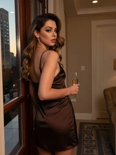 A woman stands by the window of an elegant, well-appointed, and comfortable hotel room, turned three-quarters, her back and shoulder resting on the wooden window frame. One arm hangs loosely on her hip, while the other holds a glass of champagne. Her gaze is directed straight at the camera. The medium shot covers the area from mid-thigh to head, with the angle at eye level. The composition encompasses the entire depth of the room. The lines of the window and walls create perspective and draw attention to the figure. Outside, an early evening sunset overlooks high-rise buildings with a bokeh effect. It's clear this is a hotel room, with its comfortable hotel furniture and hotel ambiance partially visible.

Skin with an even matte tone, warm brown-beige eyeshadow, a graphic wing along the lash line, shaded neutral brown eyeshadow, elongated lashes, a subtle highlighter in the inner corner of the eye, and lips with a matte nude lipstick without a pronounced shine.

Her hair is styled in tight, structured waves with pronounced volume, leaving a smooth surface with controlled shine.

She is wearing a dark brown satin slip dress with thin straps. The fabric is smooth and flowing, with a pronounced reflective sheen and soft diagonal pleats at the waist. The dress falls below the knee, and she wears a thin metal chain around her neck and simple hoop earrings. The room is decorated in warm beige tones, with textured walls, dark carved wood paneling, recessed ceiling lights, and a subtly patterned rug.

The lighting is artificial, with warm ceiling lights casting a focused beam from above and slightly behind, creating a soft backlight along her hairline and shoulders. Additional reflected light from the front softens the shadows on her face. The contrast is medium, the shadows are soft and smooth, the highlights on the satin fabric are controlled and emphasize its texture, and the background is dark and slightly recessed.

Shot with an 85mm portrait lens, shallow depth of field with sharp focus on the face and upper body, a softly blurred distant hallway, and high detail in the texture of the skin, fabric, and wood surfaces. The portrait is set in an interior, highly detailed and photorealistic.

Cozy evening cinematic atmosphere of the interior, warm tungsten color temperature, dominant brown and golden tones, moderate saturation with a warm accent, medium contrast with soft shadow gradients, subtle contour lighting on the hair and shoulders, controlled highlights on the satin fabric, natural warm skin tones with a soft glow, soft background fading with depth, cinematic warm color grading. The girl seemed to be thinking, what is going on in the hotel room?