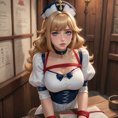 barbara from genshin impact dross style reiq meets A sexy goth girl wearing a thick collar and black stockings stood in a medieval style BDSM dungeon in rope bondage