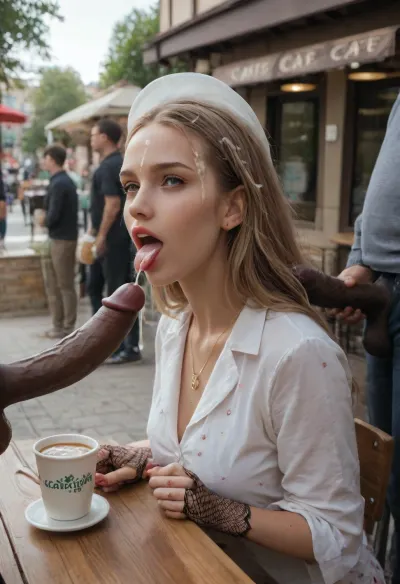 (full clothes 3men, blowbang:1.3), (side view:1.2), Sexy German blonde mature cum whore, in polka dot dress, gold necklace, (blowjob:1.3), sitting at the table, (eyes contact), slutty smirk, half-open mouth, perfect small tongue, (cum dripping from tongue:1.3), perfect 5 fingers, (fishnet thin gloves:1.2), red nails, huge heavy makeup, red lipstick, very good hair, (white sunhat with red bow:1.4), dark skinned African man side standing of woman, full clothed dark skinned man ejaculating sperm into her drinking coffee cup, side view, big ejaculation penis, (man's ejaculation big black penis is located directly above her coffee cup), (cum dripping in coffee cup:1.4), (ejaculation:1.3), (white cum on forehead:1.3), (cum on hair:1.3), (full sperm from man's big penis flows down into the drinking cup with coffee:1.2), (living public cafe outdoor, very much public background:1.4), (queue of many men to whore woman:1.3)