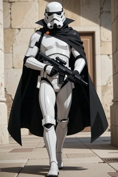 Character, tall, strong arms, athletic torso, long legs. Outfit, wears Star Wars Stormtrooper armor with black cape. Actions, holding his rifle with both hands, walking. He looks focused., 1990s anime, vintage anime, 90's anime style, in the style of hajime sorayama, in the style of greg tocchini, anime masterpiece, pixiv, akira-style art, akira anime art, 4k, high quality.