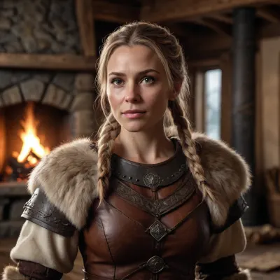 photorealistic, ultra realistic, cinematic photography, medieval Viking warrior, adult woman, 40 yo, realistic anatomy, natural proportions, detailed face, realistic skin texture, individual hair strands, detailed fur, detailed leather, forged steel, rustic Viking longhouse, fireplace, warm firelight, dramatic cinematic lighting, realistic shadows, volumetric light, shallow depth of field, 50mm lens, professional photography, full-frame camera, natural color grading, high dynamic range, subtle film grain, extremely detailed, high resolution, authentic materials, realistic environment, movie still, 8K quality.