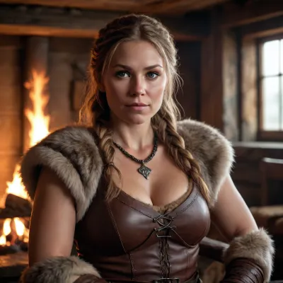 photorealistic, ultra realistic, cinematic photography, medieval Viking warrior, big beautiful adult woman, 40 yo, realistic anatomy, natural proportions, detailed face, realistic skin texture, individual hair strands, detailed fur, detailed leather, forged steel, rustic Viking longhouse, fireplace, warm firelight, dramatic cinematic lighting, realistic shadows, volumetric light, shallow depth of field, 50mm lens, professional photography, full-frame camera, natural color grading, high dynamic range, subtle film grain, extremely detailed, high resolution, authentic materials, realistic environment, movie still, 8K quality.