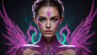 Pathweaver
A striking naked woman with sharp cheekbones and an intense gaze, her skin painted in glowing magenta and acid-green fractal patterns that pulse brighter than Kael's own markings. Unlike Kael's sharp cyan-orange present-tense glow, Vesh's pigment seems to shift and ripple like liquid light, hinting she can see all points of the fractured timeline at once. She wears minimal UV-reactive fabric wrapped like ceremonial armor, catching blacklight in threads of electric violet. She doesn't have an echo — she doesn't need one., prebac, frontlb, rearlb, bothlb, presenting, backside, <lora:PresentBackside.0.9:.8>