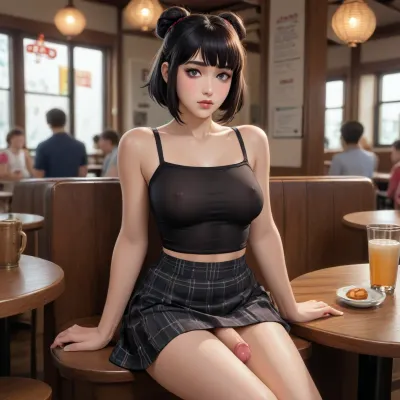 xiangling from genshin impact dross style reiq meets, One perfect looking transwoman, 28 years old, sitting in a café full of people, the transwoman have a very small cock, the transwoman is fondling her breasts, wearing a see through black tank top and a very small blqck skirt, cum is leaking from her cock, the transwoman have black hair, subtle goth makeup, view from under, everybody in the café is teased and horny, dslr quality picture, realistic, realistic light, golden hour, Trfut, flac-futa, flac-penis, photo, artwork, <lora:SDXLlora4flFut-000014:.8>