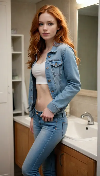 A young, slender, beautiful, seductive redhead 18-year-old girl in a jeans jacket and long jeans pants, stands in the bathroom next to the sink her clothes coming off. Long flowing wavy ginger hair The chest is medium, High detail, excellent image quality