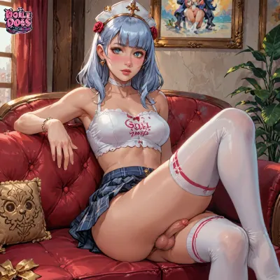 noelle genshin impact from genshin impact dross style reiq meets, 25 year old shemale sitting on a couch, crop top, very short plaid skirt, thigh high socks, flaccid penis, hairy balls, erect-futa, erect-penis, woman, testicles, erection, <lora:SDXLlora13ErFut:.8>, <lora:sd_xl_turbo_lora_v1-64dim:.8>, futuristic-fantasy-anime, <lora:futureistic_fantasy_anime_sdxl_v1:.8>
