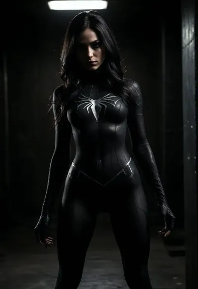 very slim and slender girl in black spiderman outfit, spiderman noir, long black hair, (full body view), very sexy, <lora:dark:.3>