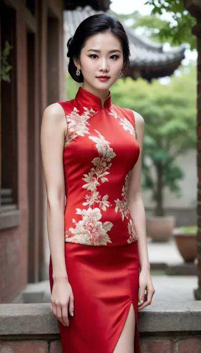 The woman in the photograph possesses a refined, slender figure that is both elegant and subtly alluring. Her body is willowy and well-proportioned, a narrow waist that flares gently into soft, feminine hips, long and gracefully tapered legs that appear almost endless when extended, and a modest yet full bust that the fitted dress accentuates without exaggeration. Her shoulders are delicate and sloping, her collarbones softly defined, and her arms are slender with smooth, pale skin. The overall silhouette is that of a classic East Asian beauty—lean, elongated, and poised—enhanced by the way she sits with one leg slightly forward and the other angled, creating a long, continuous line from thigh to pointed toe.
She wears a sleeveless, high-collared red cheongsam, (qipao), that clings closely to her form. The fabric is a deep, rich crimson with a subtle, traditional floral or cloud-like pattern woven or printed in a slightly darker tone, giving the dress a luxurious, almost silk-like sheen. The collar is the classic Mandarin style, standing upright and framing her neck elegantly. The dress is cut short, ending mid-thigh, which reveals the full length of her smooth, sheer-stockinged legs. Side slits are present but modest, allowing just enough movement while maintaining the traditional silhouette. The bodice is tailored to hug her torso, emphasizing the gentle curve of her waist and the soft swell of her chest. No sleeves leave her arms and shoulders bare, creating a striking contrast between the vivid red fabric and her fair skin. A thin silver bracelet adorns her left wrist, and a matching bangle or jade-like bracelet rests on her right wrist, adding understated jewelry that complements the traditional aesthetic.
Her hairstyle is an elegant, polished updo. Thick, glossy black hair is swept upward and gathered at the crown or slightly to the side, forming a smooth, voluminous bun or chignon with soft tendrils framing her face. The style is sleek and sophisticated, with no loose strands falling messily, instead, the hair is carefully arranged to elongate the neck and highlight her facial features—high cheekbones, a refined jawline, and calm, slightly downturned eyes with a contemplative expression. The overall effect is one of quiet grace and classical Chinese femininity, perfectly matched to the rustic courtyard setting of weathered wood doors, stone millstone, and ancient brick walls.