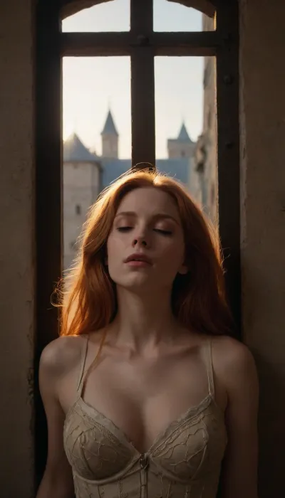 ultimate realism, male pov, sleeping beauty fairy tale, long straight redhead hair, she is trapped in a prison tower, leaning against a wall, 100DD tits, intricate detail, cinematic masterpiece, golden light