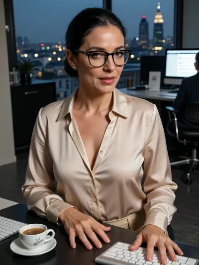 A high-quality, photorealistic close-up of an elegant French woman working in an office. Her black hair is styled into a neat low bun pulled back. She wears elegant glasses with anti-glare lenses that highlight her beautiful eyes and realistic eyelashes, she looks into the camera, her graceful lips slightly parted. She wears a beige silk blouse with the top buttons undone, revealing a portion of her delicate cleavage. Her hands, with manicured nails, rest on a keyboard. On the desk next to the keyboard is a small, elegant ceramic cup and saucer with a subtle, minimalist "Café Kitsuné" logo, filled with French espresso. A spacious, modern office is visible in the background, and further into the frame are other office desks, at one of which sits a man with a glowing computer monitor. A panoramic window opens up to a view of the La Défense district of Paris at night, with the glowing lights of evening Paris and the Eiffel Tower, complete with a visible bokeh effect. The game's distinctive features include cinematic lighting, a high level of realism, 3D shadows, and high resolution.