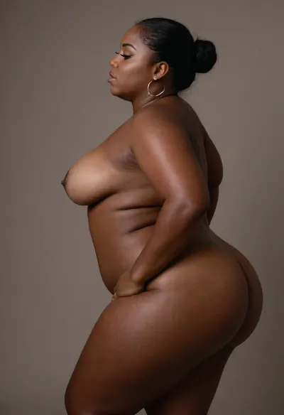 Black skin sbbw Brazilian woman, naked, tan line, side view