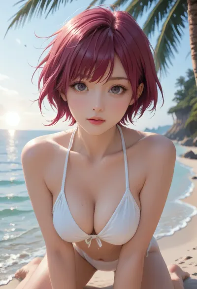 masterpiece, best quality, ultra-detailed, realistic clear photography, professional photo shoot quality, high resolution, 1 East Asian woman, 26 years old, solo, beach, sunny day, Under the strong sunlight sunlight, open sky, Palm tree, cold-warm contrast lighting, BREAK, cute East Asian, beautiful Asian face, slender face, narrow eyes, pixie cut hair, magenta hair, svelte body, large natural breasts, wearing sexy swimwear, in the water, kneeling, <lora:cartoon_stickers_xl_v1:.8>, Animated, Nightmare, Style, <lora:AnimatedNightmaresStyle:.8>, <lora:EnvyStylizedXL01:.8>