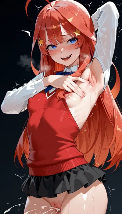 absurdres, details, look vary much young Nakano Itsuki from quintessential quintuplets, armpit cutout, tiny, Unexpected penetration From behind of a virgin pussy by a very much young men cum Accidental ejaculation, unrealistically flat chest breasts, side boob, afterglow, seductive, nipple slip, wide-open crazy eyes, horror crazy smile, breathing, pussy juice, microskirt, trembling, spread armpit, arm up, sideways glance at viewer, blush, frown, sweat, 3d