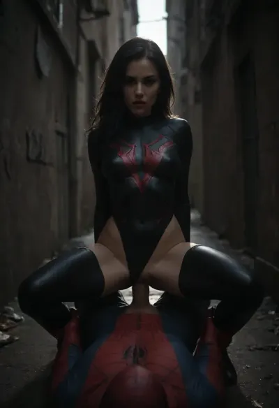 very slim and slender girl in black spiderman outfit riding a guy, (cowgirl sex position, vaginal penetration), spiderman noir, long black hair, (full body view), dark back alley, very sexy, <lora:dark:.5>