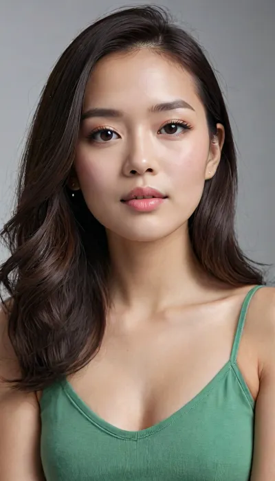 A young East Asian woman in her early-to-mid 20s, fair and smooth porcelain-like skin with a soft natural glow, no visible pores or blemishes, subtle healthy flush on the cheeks.
Face shape is softly oval with gently tapered jawline and slightly pointed chin, high and smooth forehead.
Eyes are large, almond-shaped, dark brown, (almost black), irises with clear, reflective catchlights, soft double eyelids, long natural dark lashes, subtle winged eyeliner at the outer corners, and a gentle upward tilt at the outer edges. She is looking slightly to her left, (viewer’s right), with a soft, attentive, slightly open expression.
Eyebrows are naturally full, softly arched, medium-to-dark brown, well-groomed but not overly thin, following a gentle curve that frames the eyes.
Nose is straight and refined, medium length, slightly rounded tip and delicate nostrils, the bridge is smooth and not high.
Lips are full and soft, upper lip with a gentle cupid’s bow, lower lip fuller, natural soft pinkish-nude color with a light sheen, slightly parted as if mid-speech or softly breathing, revealing a hint of the upper teeth.
Cheekbones are softly defined but not sharp, creating a gentle contour under soft lighting.
Ears are small and neatly shaped, the left ear is partially visible.
Hair is long, (mid-back length), straight with a soft natural flow, dark brown to near-black, parted slightly off-center, cascading over both shoulders and partially framing the face, fine strands catch the light, giving a silky, healthy texture.
Makeup is natural and minimal, soft contour, light foundation matching the skin, subtle eyeshadow in neutral tones, and natural lip color.
She is wearing a sleeveless high-neck, (mock turtleneck), ribbed knit top in a rich emerald/forest green that sits close to the neck. Soft natural daylight from the side creates gentle highlights on the hair and face, with a clean, bright, slightly overexposed white curtain background.